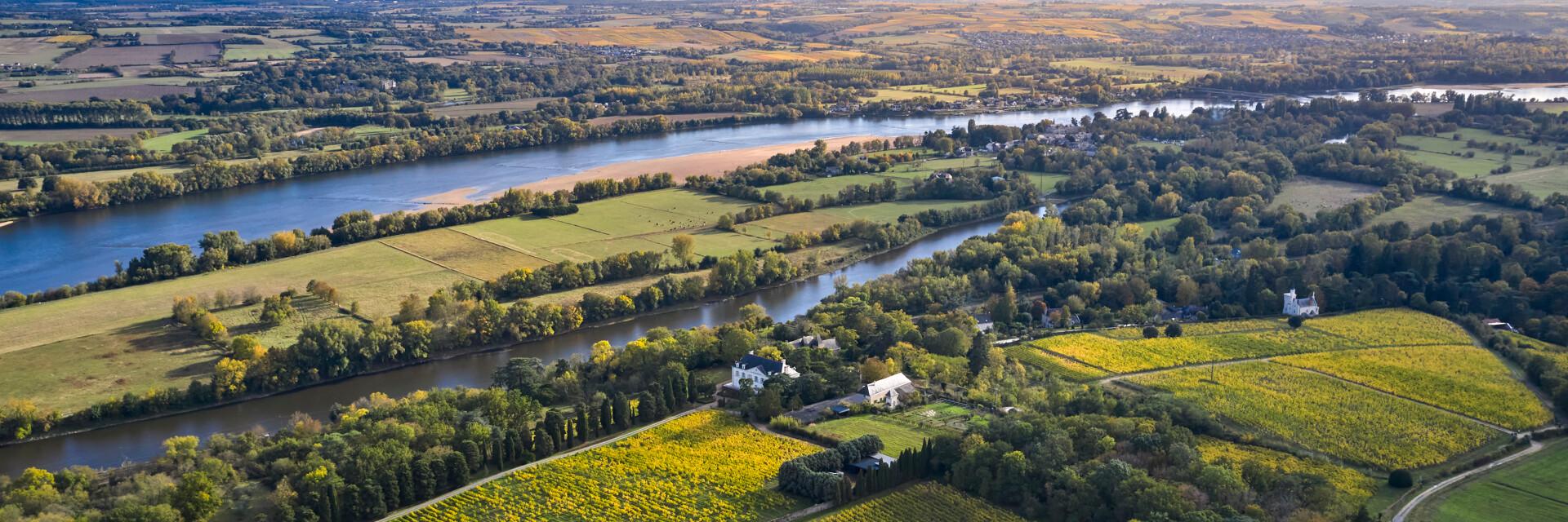 Aerial view of the vineyards of Savennières and the Loire, in early autumn