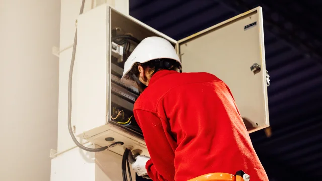 Homme en veste rouge avec un casque blanc regarde dans un tableau électrique