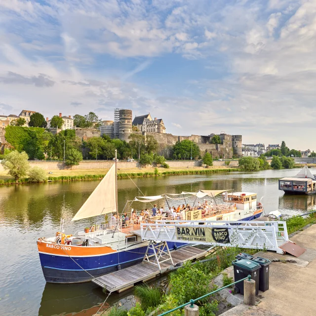Vue sur la Maine et les péniches à quai, au second plan le château d'Angers